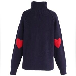 Chicwish Heart + Soul Navy Ribbed Elbow Heart Patch Knit Turtleneck Sweater Top